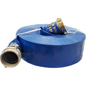2 Inch 100 Foot 70 PSI PVC Lay Flat Hose Assembly with Aluminum Pin Lug Brass Nut Set and Center Punch Clamps