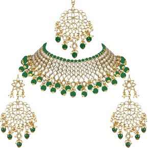 Aheli White Pearl Faux Kundan Choker Necklace with Earring Maang Tikka Indian Traditional Bollywood Ethnic Bridal Jewelry Set for Women