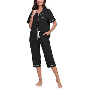 CF Womens Pajama Sets 100% Cotton 2 Piece Button Down Capri Pajamas Set Soft Short Sleeve Top and Capri Pants Nightwear