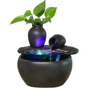 Ceramic Tabletop Fountain Waterfall Fountain, Indoor Water Fountains with Color LED Lights, Waterfall Decor with ON/Off Switch for Home Office Bedroom