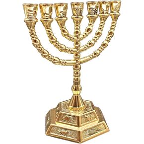 Amen Judaica Seven Branch Menorah with 12 Tribes Golden Color Judaica Gift - 6.3 Inch Height