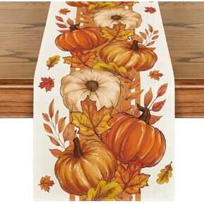 Artoid Mode Orange Pumpkin Maple Leaf Stripes Fall Table Runner, Seasonal Autumn Kitchen Dining Table Decoration for Home Party Decor 13x72 Inch