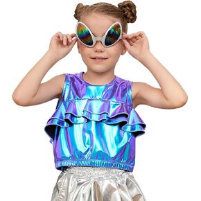 Perfashion Girls Metallic Tank Tops Shiny Ruffle Layered Crop Tops Dance Shirts with Alien Glasses 4-15 Years