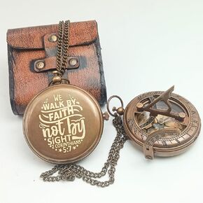 DAYOL'X Behinde You Engraved Sundial Compass with Leather case - Personalized Brass Pocket Compass Gifts for Men, Him, Son, Husband, Grandson, Boys - Compasses for Graduation, Baptism, Confirmation
