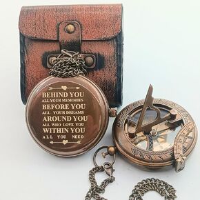 Behind You Engraved Brass Compass Gift for Men - Handcrafted Vintage Brass Sundial Compass – Antique Nautical Sun Clock with Leather Case - Best Graduation Gift - Best College Graduation Gift in Saudi Arabia