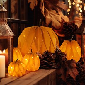 ديكور اليقطين الورقي المضاء بنور الشمس مع أضواء خرافية، مجموعة من 5، ديكورات خريفية للمزرعة للمنزل، ديكورات طاولة مركزية على شكل يقطين، ديكور طاولة عيد الشكر، مصباح ورقي صغير (البطاريات متضمنة) in Kuwait