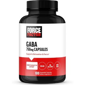 FORCE FACTOR GABA 750mg Capsules, GABA Supplement to Support Calm, Relaxation, Sleep, & Focus, Neurotransmitter Support, Vegan, NON-GMO, 100 GABA Capsules