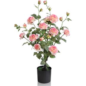 momoplant Artificial Rose Tree，27 in Fake Silk Rose Flower Potted Plant for Living Room Table Kitchen Office Decor（Pink Rose Flower）