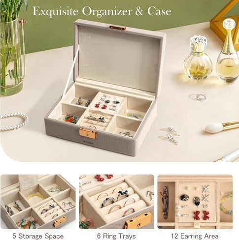 SANZIE Jewelry Box for Women, PU Leather Jewelry Boxes & Organizer Storage Case with Key Lock, Holder Organizer for Earrings Rings Necklaces Bracelets (Grey, Medium) in Saudi Arabia