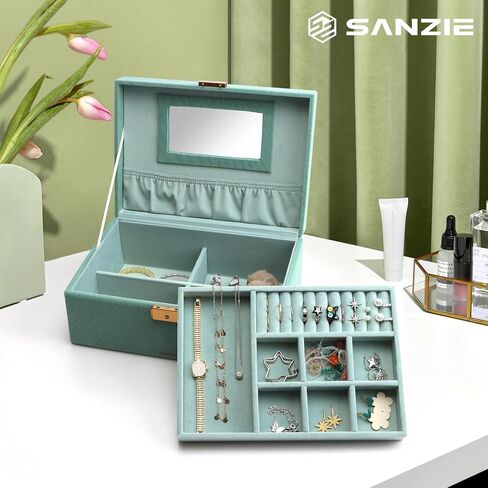 SANZIE Jewelry Box for Women, PU Leather Jewelry Boxes & Organizer Storage Case with Key Lock, Holder Organizer for Earrings Rings Necklaces Bracelets (Grey, Medium) in Saudi Arabia
