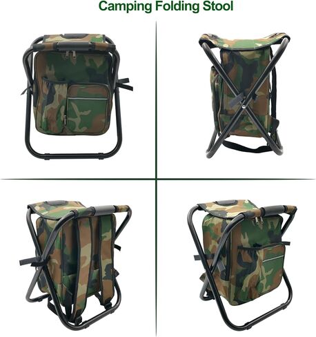 كرسي تخييم قابل للطي مع حقيبة تبريد، كرسي صيد خفيف الوزن، مقعد صغير قابل للطي مع مسند ظهر ومقبض للتخييم، وصيد الأسماك، والصيد، والمشي لمسافات طويلة، والرسم في الهواء الطلق - أخضر جيشي in Kuwait