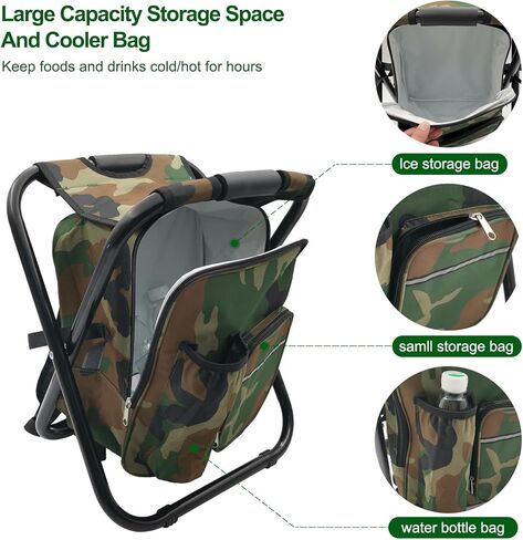 كرسي تخييم قابل للطي مع حقيبة تبريد، كرسي صيد خفيف الوزن، مقعد صغير قابل للطي مع مسند ظهر ومقبض للتخييم، وصيد الأسماك، والصيد، والمشي لمسافات طويلة، والرسم في الهواء الطلق - أخضر جيشي in Kuwait