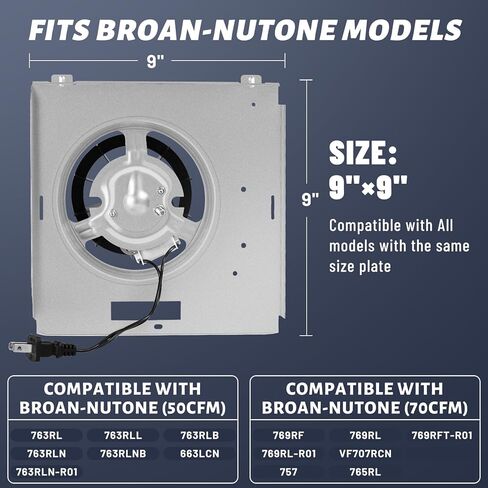 Upgraded 763RL B Unit 50 CFM Suitable with Nutone 763RL, 763RLN B, 763RLN, 763RLN-R01, 769RL Series, S0503B000 Pure Copper Bathroom Exhaust Fan Motor Fit 769RF/769RL B Unit 70 CFM, 2.0 Sones, 9"x9" in Kuwait
