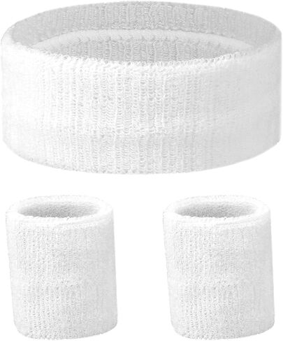 3 Pcs Sports Sweatbands Headband Wristband Set Includes 1 Sports Headband and 2 Wristband Breathable Terry Cloth Athletic Bands Wrist Sweatbands for Men Women(White) in Saudi Arabia
