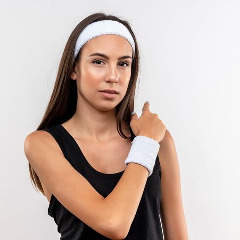 3 Pcs Sports Sweatbands Headband Wristband Set Includes 1 Sports Headband and 2 Wristband Breathable Terry Cloth Athletic Bands Wrist Sweatbands for Men Women(White) in Saudi Arabia