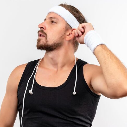 3 Pcs Sports Sweatbands Headband Wristband Set Includes 1 Sports Headband and 2 Wristband Breathable Terry Cloth Athletic Bands Wrist Sweatbands for Men Women(White) in Saudi Arabia
