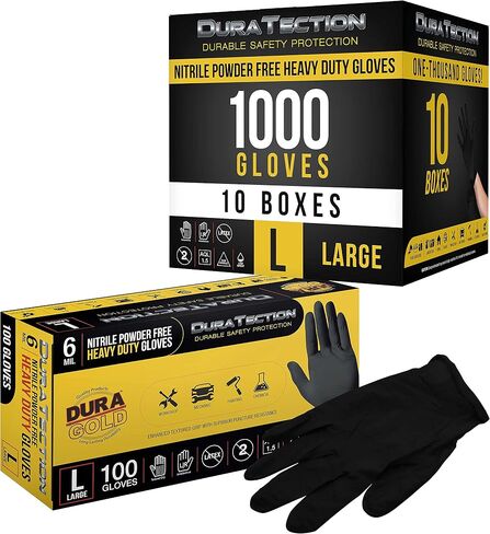 قفازات Dura-Gold HD Black Nitrile للاستعمال مرة واحدة، صندوق مكون من 100 قطعة، مقاس X-Large، 6 مل - خالية من اللاتكس، خالية من المسحوق، قبضة منسوجة in Kuwait