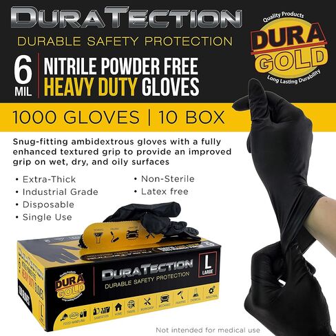 قفازات Dura-Gold HD Black Nitrile للاستعمال مرة واحدة، صندوق مكون من 100 قطعة، مقاس X-Large، 6 مل - خالية من اللاتكس، خالية من المسحوق، قبضة منسوجة in Kuwait