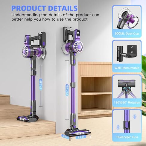 Cordless Vacuum Cleaner,Vacuum Cleaners for Home,Cordless Stick Vacuum Cleaner with Powerful Motor,Led Headlight,Lightweight Cordless Vacuum Cleaners for Home Hardwood Floor Pet Hair(Deep Purple) in Saudi Arabia