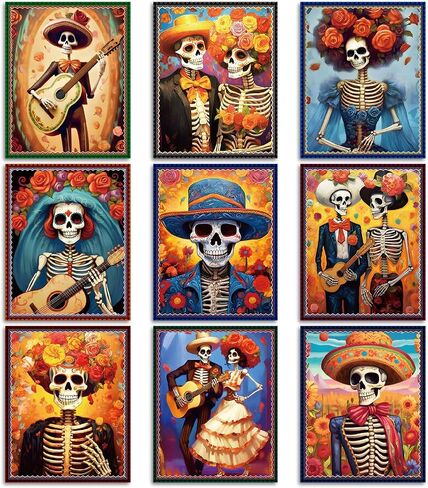Day of The Dead Poster - 9 Piece Day of the Dead Decorations Sugar Skull Wall Art Sugar Skull Art Print for Mexico Day Day of the Dead Halloween Wall Decor Living Room Decor in Kuwait
