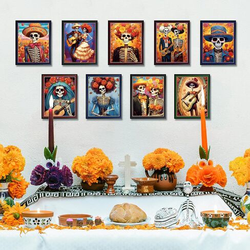Day of The Dead Poster - 9 Piece Day of the Dead Decorations Sugar Skull Wall Art Sugar Skull Art Print for Mexico Day Day of the Dead Halloween Wall Decor Living Room Decor in Kuwait