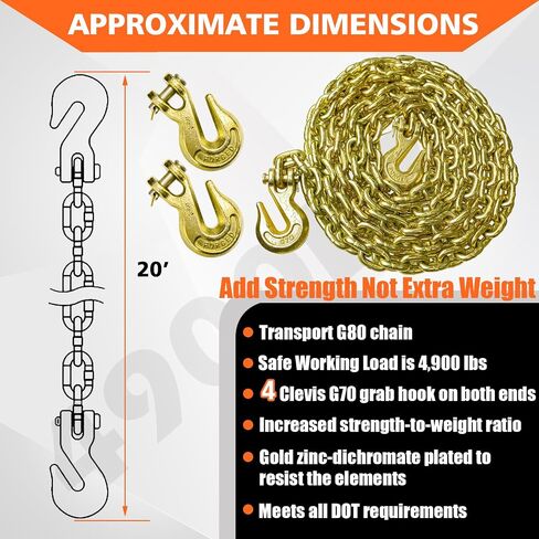 سلسلة ربط النقل YATOINTO G80 مقاس 3/8 بوصة × 10 قدم مع خطافين للإمساك بخطافين و2 خطاف تثبيت إضافي، بوزن 7100 رطل، سلسلة تسجيل شديدة التحمل للنقل والسحب والربط in Saudi Arabia