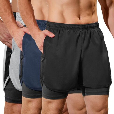 SILKWORLD Mens Running Shorts 2 in 1 Quick Dry Athletic Shorts 2~3 Pack Gym Shorts with Zipper Pockets in Saudi Arabia