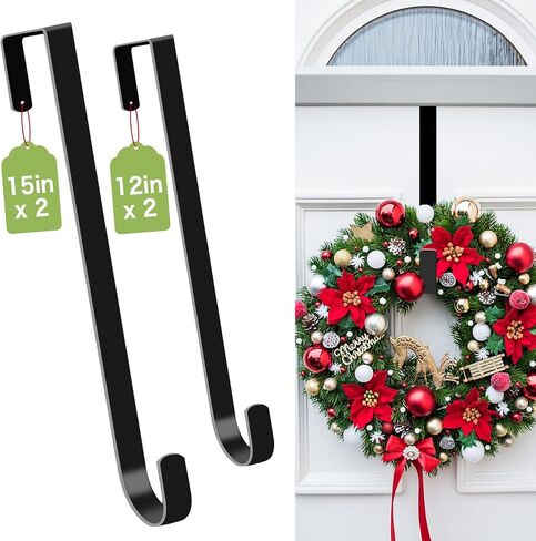 4 Pack Wreath Hangers for Front Door, Over The Door Wreath Hanger Halloween Decorations Wreath Hook for Hanging Christmas Easter Fall Decoration, Welcome Sign Holder Two Each of 12" and 15" (Black) in Saudi Arabia