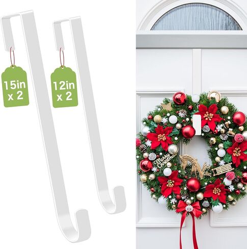 4 Pack Wreath Hangers for Front Door, Over The Door Wreath Hanger Halloween Decorations Wreath Hook for Hanging Christmas Easter Fall Decoration, Welcome Sign Holder Two Each of 12" and 15" (Black) in Saudi Arabia