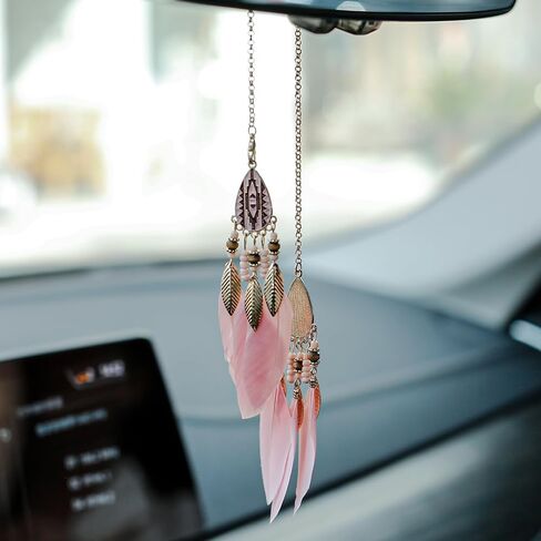 Mini Dream Catcher Car Interior Rearview Mirror Hanging Decor Nature Feather Small Boho Car Charms Pendant Accessories (New Pink) in Kuwait