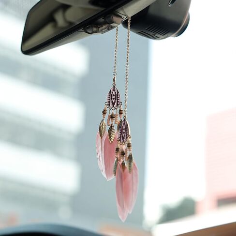 Mini Dream Catcher Car Interior Rearview Mirror Hanging Decor Nature Feather Small Boho Car Charms Pendant Accessories (New Pink) in Kuwait