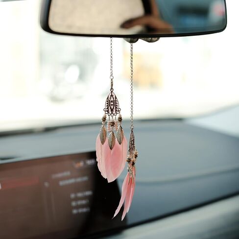 Mini Dream Catcher Car Interior Rearview Mirror Hanging Decor Nature Feather Small Boho Car Charms Pendant Accessories (New Pink) in Kuwait