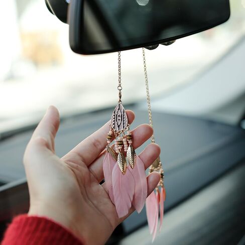 Mini Dream Catcher Car Interior Rearview Mirror Hanging Decor Nature Feather Small Boho Car Charms Pendant Accessories (New Pink) in Kuwait