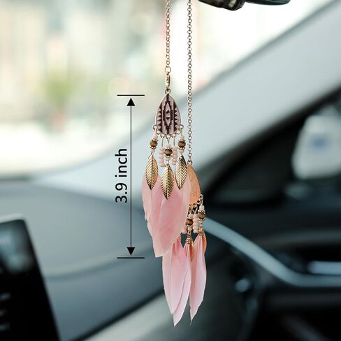 Mini Dream Catcher Car Interior Rearview Mirror Hanging Decor Nature Feather Small Boho Car Charms Pendant Accessories (New Pink) in Kuwait
