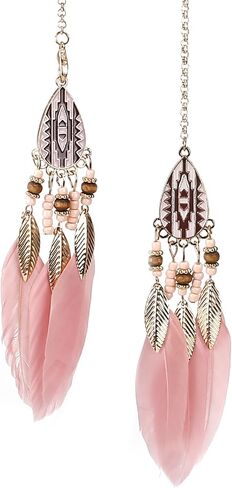 Mini Dream Catcher Car Interior Rearview Mirror Hanging Decor Nature Feather Small Boho Car Charms Pendant Accessories (New Pink) in Kuwait