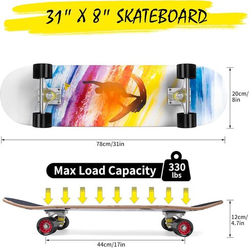 Horse Skateboards for Beginners, 31" Standard Skateboard, 8-Layer Double Kick Maple Deck Concave Skate Board for Kids Teens Adults in Saudi Arabia