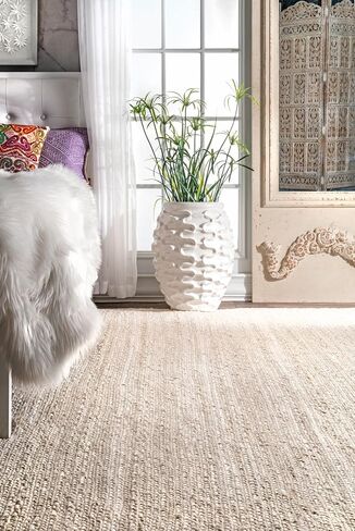 سجادة منطقة منسوجة يدويًا من NuLOOM مقاس 8x10 Rigo Jute، باللون الأبيض الفاتح، تصميم مزرعة صلبة، ألياف طبيعية، لغرفة النوم، وغرفة المعيشة، وغرفة الطعام، والممر، والمكتب، والمطبخ، والمدخل in Saudi Arabia