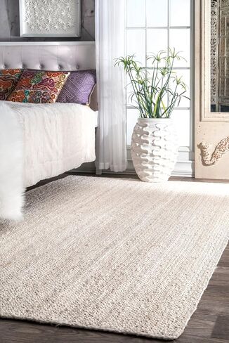 سجادة منطقة منسوجة يدويًا من NuLOOM مقاس 8x10 Rigo Jute، باللون الأبيض الفاتح، تصميم مزرعة صلبة، ألياف طبيعية، لغرفة النوم، وغرفة المعيشة، وغرفة الطعام، والممر، والمكتب، والمطبخ، والمدخل in Saudi Arabia