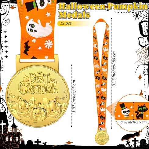 12 Pcs Halloween Best Costume Prizes, Pumpkin Medals Golden Costume Medals for Kids Adults Halloween Metal Award Medals with Ribbon Costume Contest Trophy Awards, Halloween Awards Prizes in Saudi Arabia