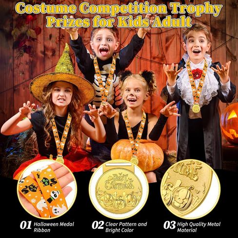 12 Pcs Halloween Best Costume Prizes, Pumpkin Medals Golden Costume Medals for Kids Adults Halloween Metal Award Medals with Ribbon Costume Contest Trophy Awards, Halloween Awards Prizes in Saudi Arabia