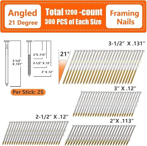 21 Degree Framing Nails 600 Count, 4 Sizes (2"+2-1/2"+3.0" Ring Shank+3-1/2" Smooth Shank), Full Round Head Hot Dipped Galvanized, 150 per Size, Assorted Size, 20 to 22 Degree Framing Nailer in Saudi Arabia