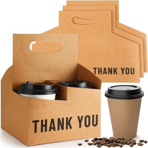 Kosiz 30 Pcs 4 Cup Kraft Drink Carrier with Handles Hold up to 20 oz Disposable Kraft Paperboard Cup Holder Thank You Cup Carriers for Drinks Food Coffee Beverage Snack Delivery Service in Saudi Arabia