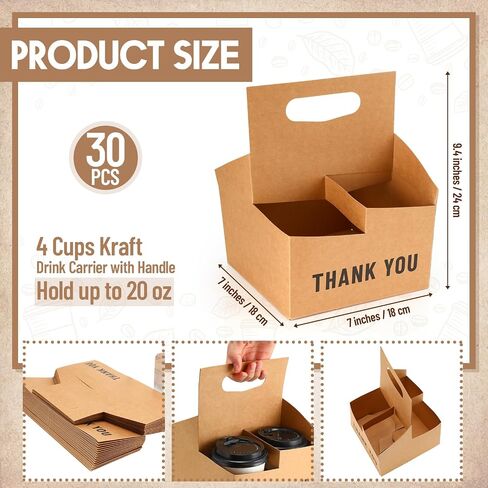 Kosiz 30 Pcs 4 Cup Kraft Drink Carrier with Handles Hold up to 20 oz Disposable Kraft Paperboard Cup Holder Thank You Cup Carriers for Drinks Food Coffee Beverage Snack Delivery Service in Saudi Arabia