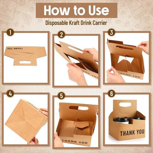 Kosiz 30 Pcs 4 Cup Kraft Drink Carrier with Handles Hold up to 20 oz Disposable Kraft Paperboard Cup Holder Thank You Cup Carriers for Drinks Food Coffee Beverage Snack Delivery Service in Saudi Arabia