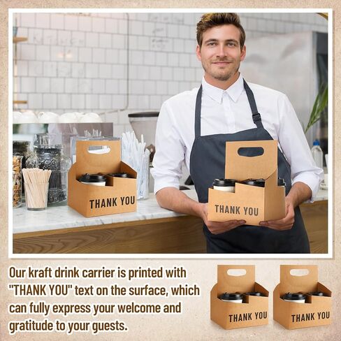 Kosiz 30 Pcs 4 Cup Kraft Drink Carrier with Handles Hold up to 20 oz Disposable Kraft Paperboard Cup Holder Thank You Cup Carriers for Drinks Food Coffee Beverage Snack Delivery Service in Saudi Arabia