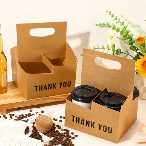 Kosiz 30 Pcs 4 Cup Kraft Drink Carrier with Handles Hold up to 20 oz Disposable Kraft Paperboard Cup Holder Thank You Cup Carriers for Drinks Food Coffee Beverage Snack Delivery Service in Saudi Arabia