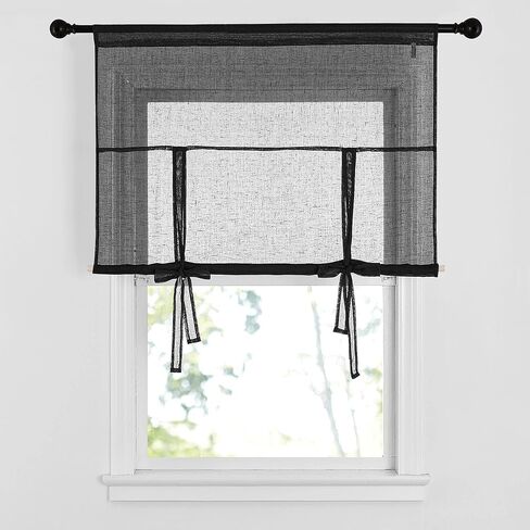 NICETOWN ستارة نافذة مطبخ صغيرة من الكتان شبه شفافة للحمام - ديكور المنزل ظل روماني قابل للتعديل ظل نافذة بالون للمقهى/المكتب، 42 بوصة عرض × 63 بوصة طول، أسود، قطعة واحدة in Kuwait