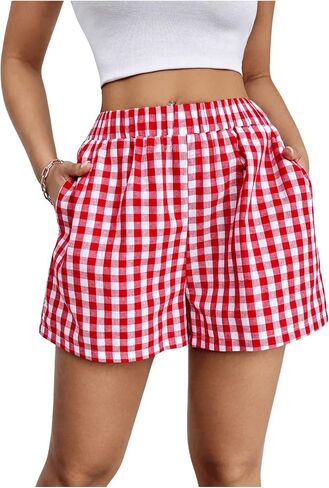 COZYEASE Women's Striped Print Elastic Waist Shorts Casual Wide Leg Mini Shorts with Pockets in Saudi Arabia