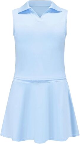 فستان تنس للجولف للفتيات بدون أكمام، قميص بولو بياقة على شكل حرف V، طقم تنورة رياضية مع جيوب in Kuwait