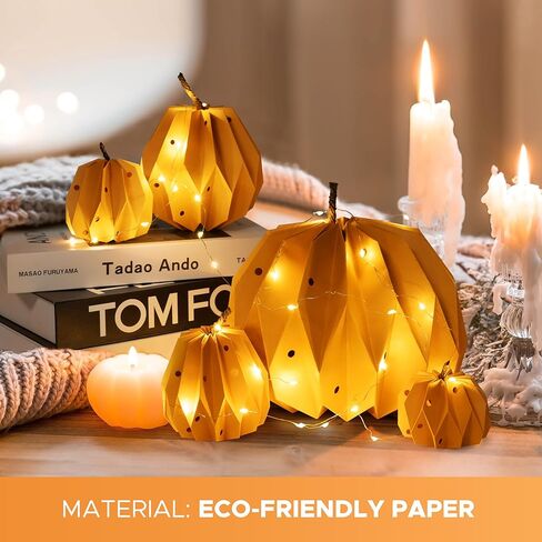 ديكور اليقطين الورقي المضاء بنور الشمس مع أضواء خرافية، مجموعة من 5، ديكورات خريفية للمزرعة للمنزل، ديكورات طاولة مركزية على شكل يقطين، ديكور طاولة عيد الشكر، مصباح ورقي صغير (البطاريات متضمنة) in Kuwait